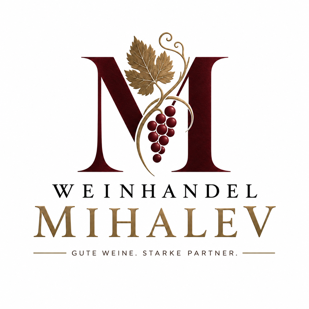 Weinhandel Mihalev – bordeauxrotes M mit goldener Weinranke